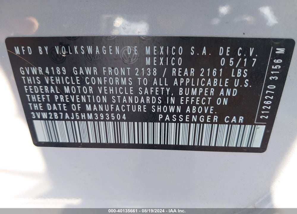 2017 VOLKSWAGEN JETTA 1.4T S VIN: 3VW2B7AJ5HM393504