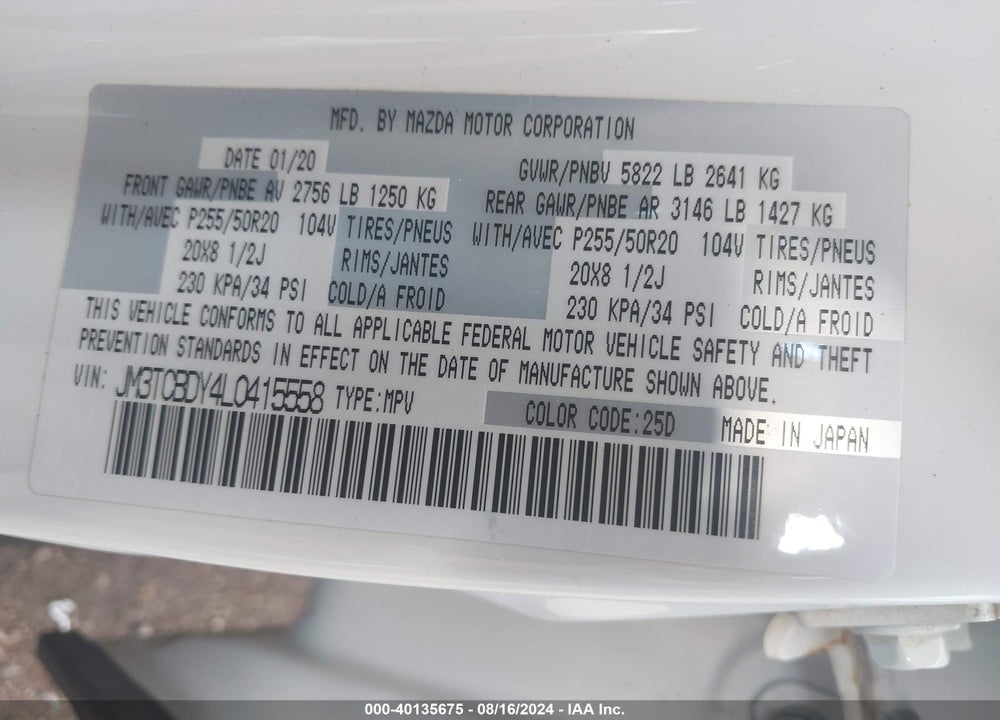 2020 MAZDA CX-9 GRAND TOURING VIN: JM3TCBDY4L0415558