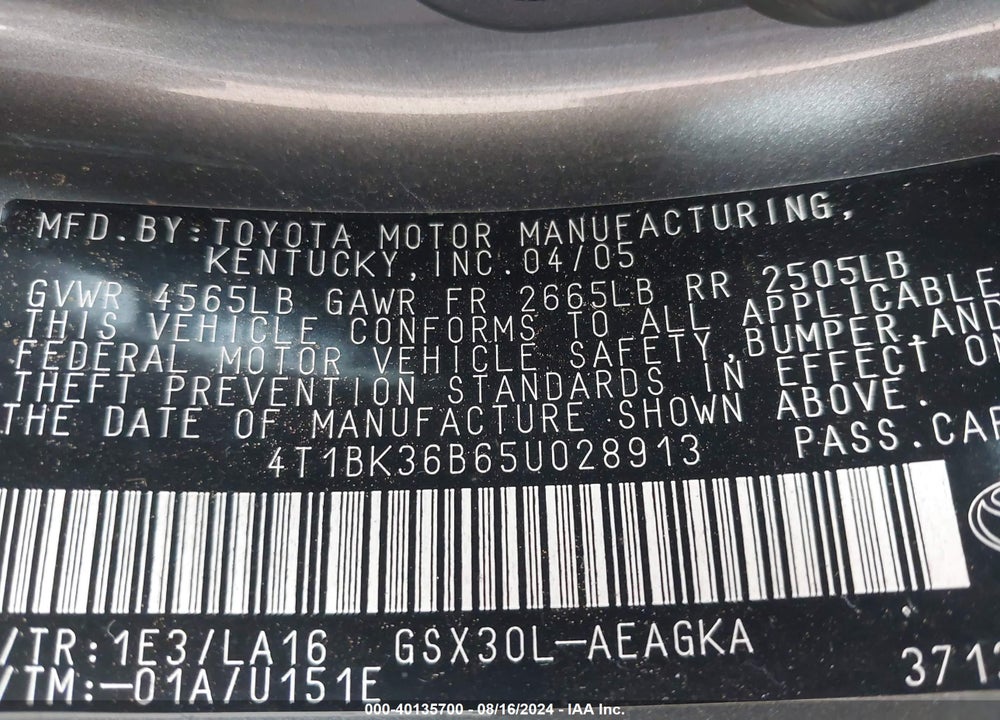 2005 TOYOTA AVALON XLS VIN: 4T1BK36B65U028913