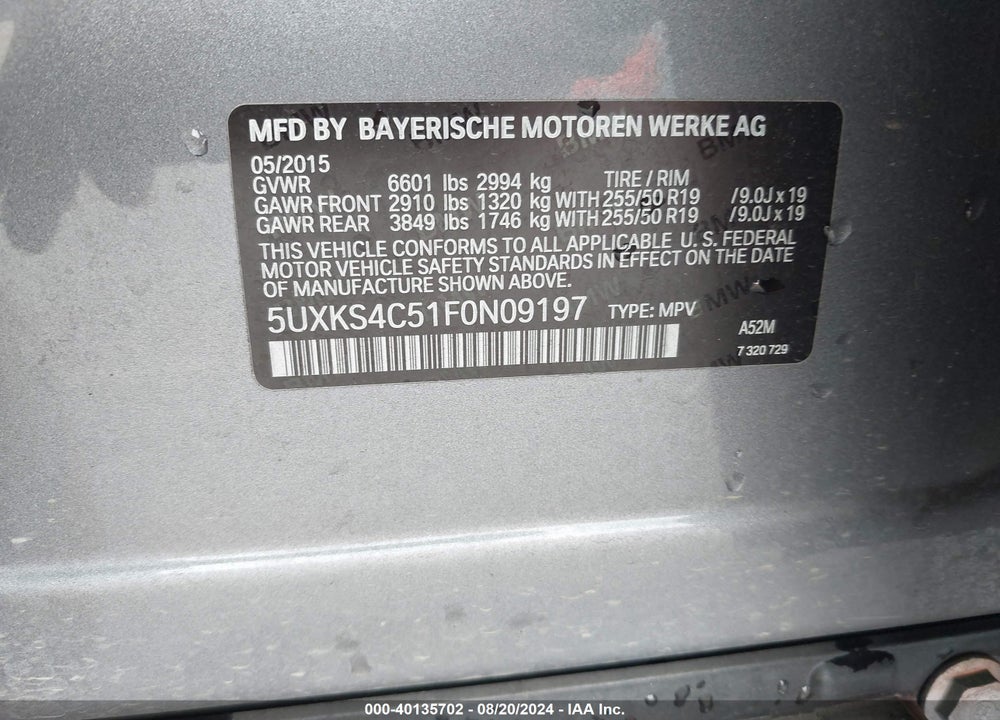 2015 BMW X5 XDRIVE35D VIN: 5UXKS4C51F0N09197