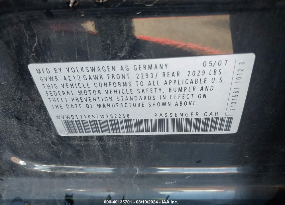 2007 VOLKSWAGEN RABBIT 4-DOOR VIN: WVWDS71K57W282258