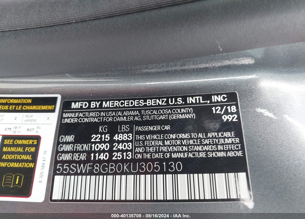 2019 MERCEDES-BENZ AMG C 63 VIN: 55SWF8GB0KU305130