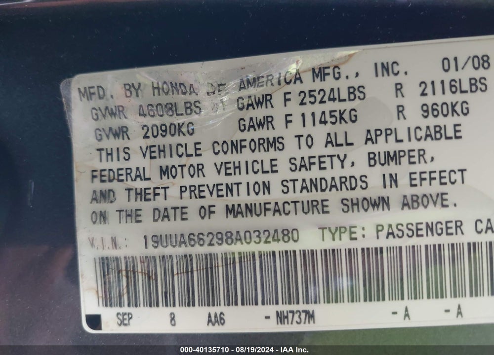 2008 ACURA TL 3.2 VIN: 19UUA66298A032480