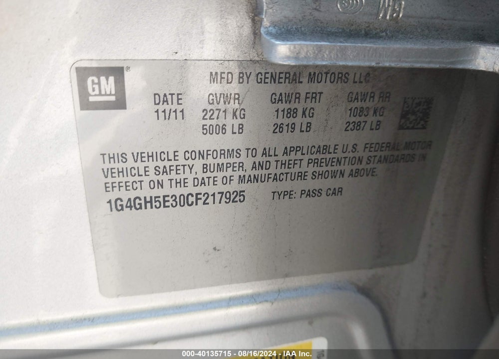 2012 BUICK LACROSSE PREMIUM 3 GROUP VIN: 1G4GH5E30CF217925