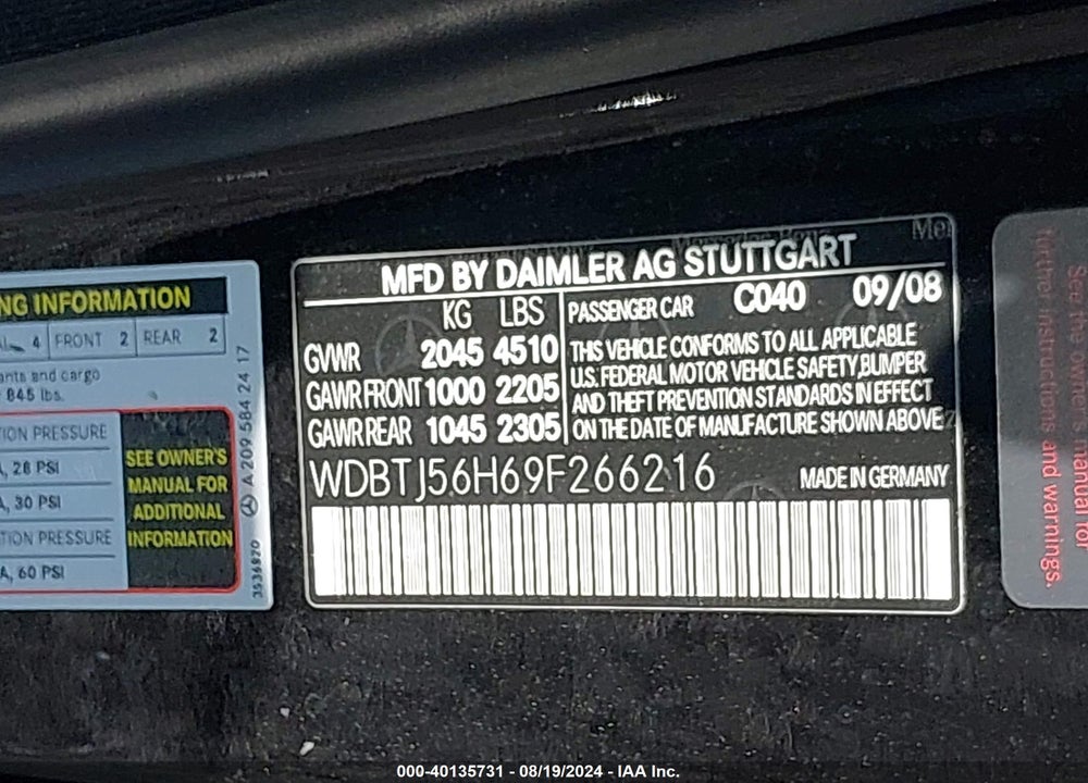 2009 MERCEDES-BENZ CLK 350 VIN: WDBTJ56H69F266216