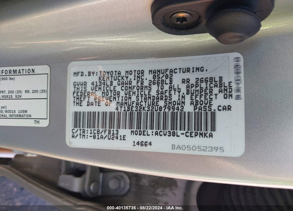 2002 TOYOTA CAMRY VIN: 4T1BE32K32U079942