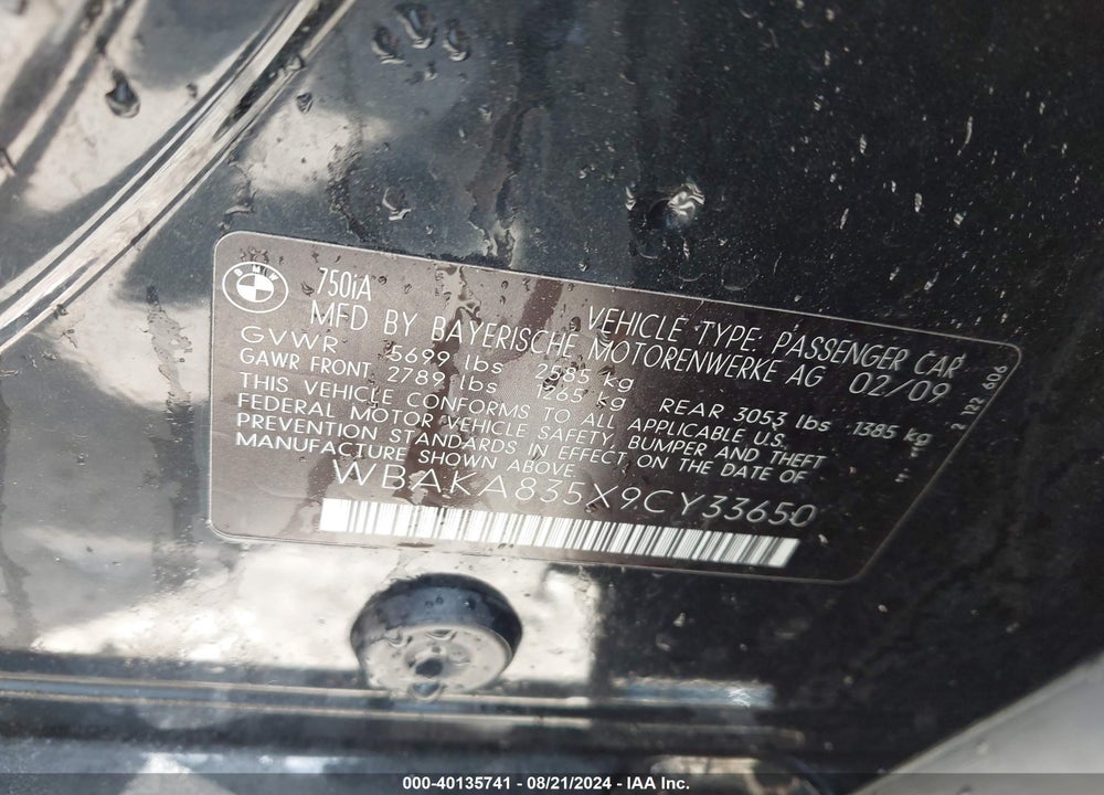 2009 BMW 750I VIN: WBAKA835X9CY33650
