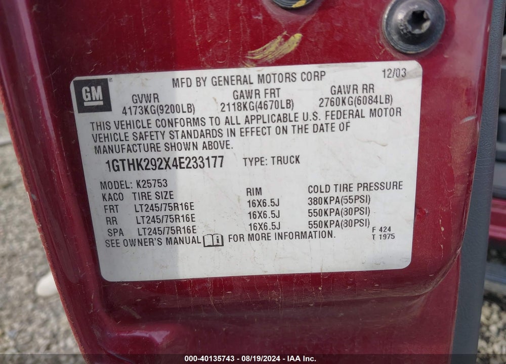 2004 GMC SIERRA 2500HD SLT VIN: 1GTHK292X4E233177