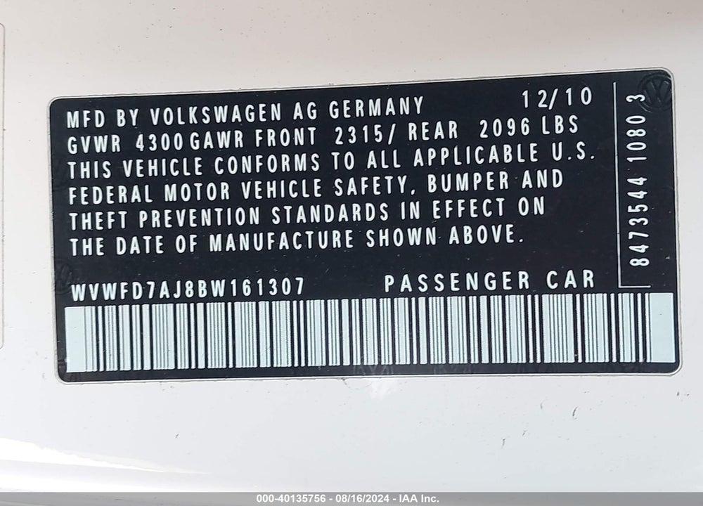 2011 VOLKSWAGEN GTI 2-DOOR AUTOBAHN VIN: WVWFD7AJ8BW161307