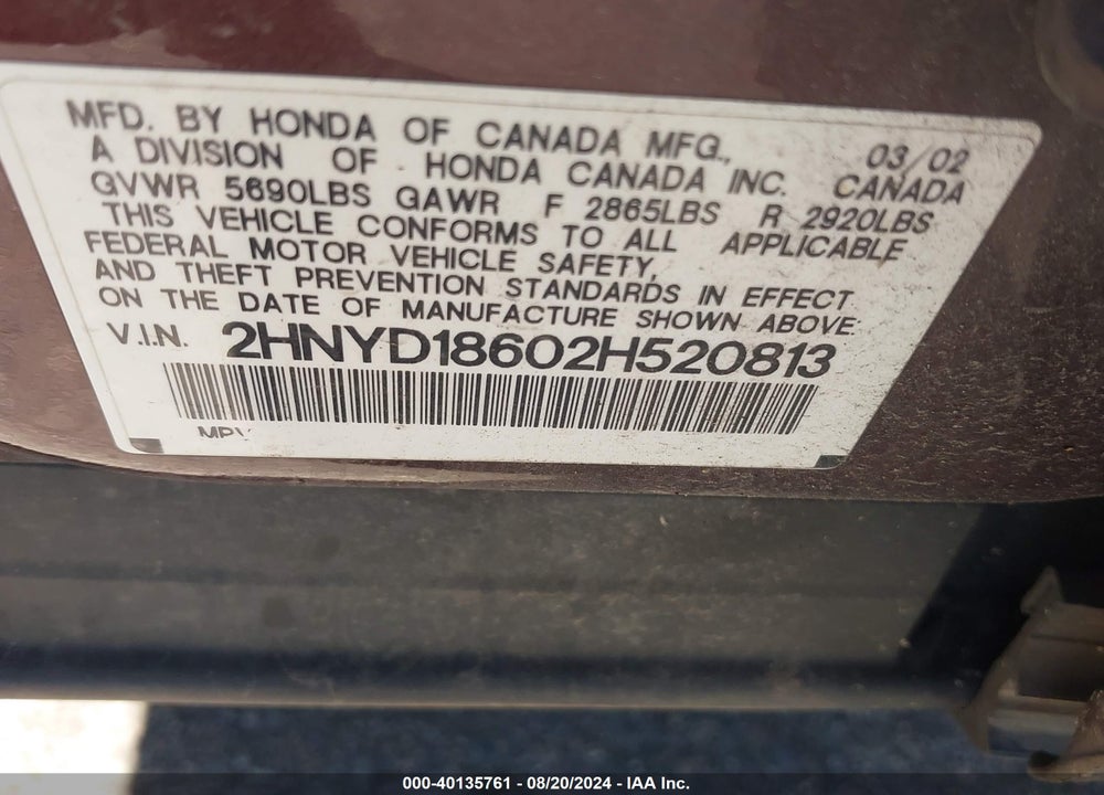 2002 ACURA MDX VIN: 2HNYD18602H520813