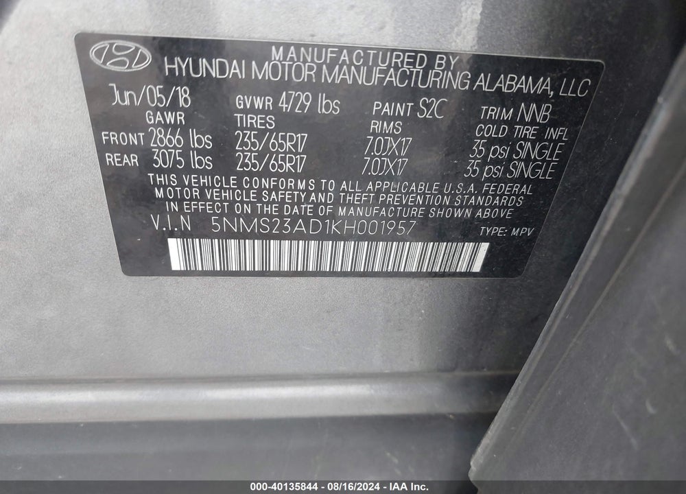 2019 HYUNDAI SANTA FE SE VIN: 5NMS23AD1KH001957