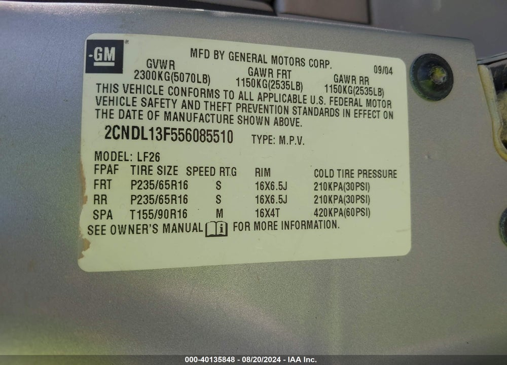 2005 CHEVROLET EQUINOX LS VIN: 2CNDL13F556085510