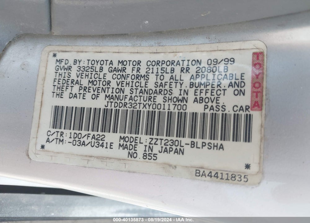 2000 TOYOTA CELICA GT VIN: JTDDR32TXY0011700