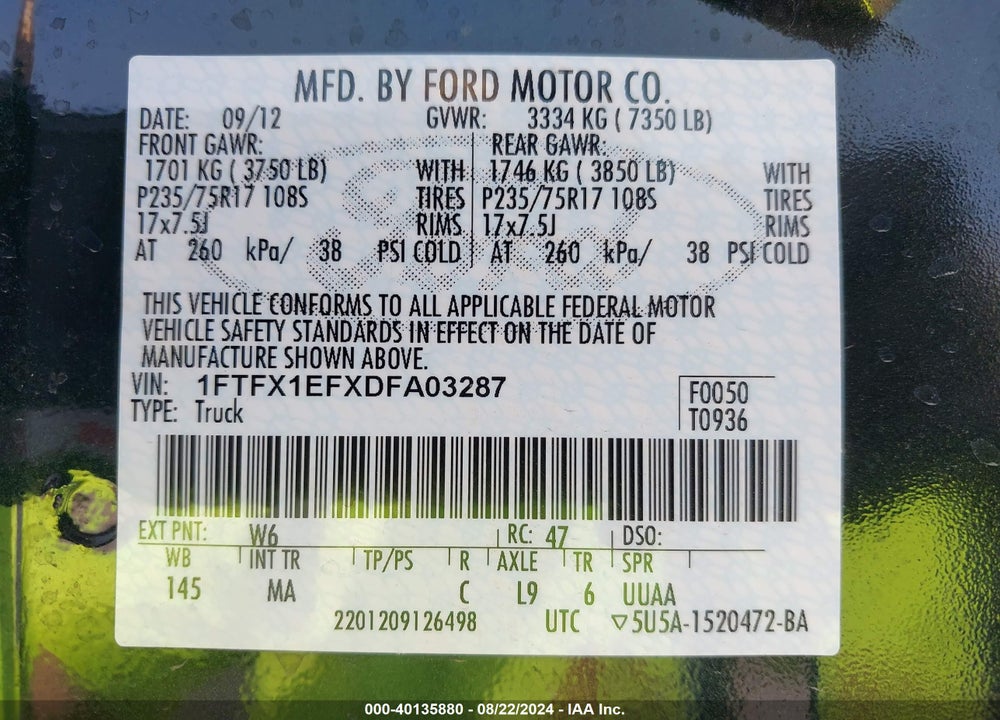 2013 FORD F-150 XLT VIN: 1FTFX1EFXDFA03287