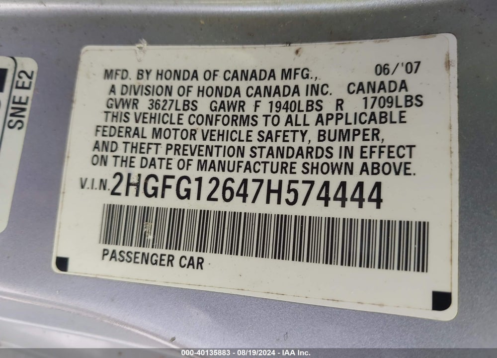 2007 HONDA CIVIC LX VIN: 2HGFG12647H574444