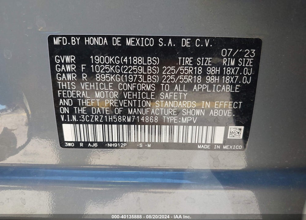 2024 HONDA HR-V 2WD SPORT/2WD SPORT W/O BSI VIN: 3CZRZ1H58RM714868