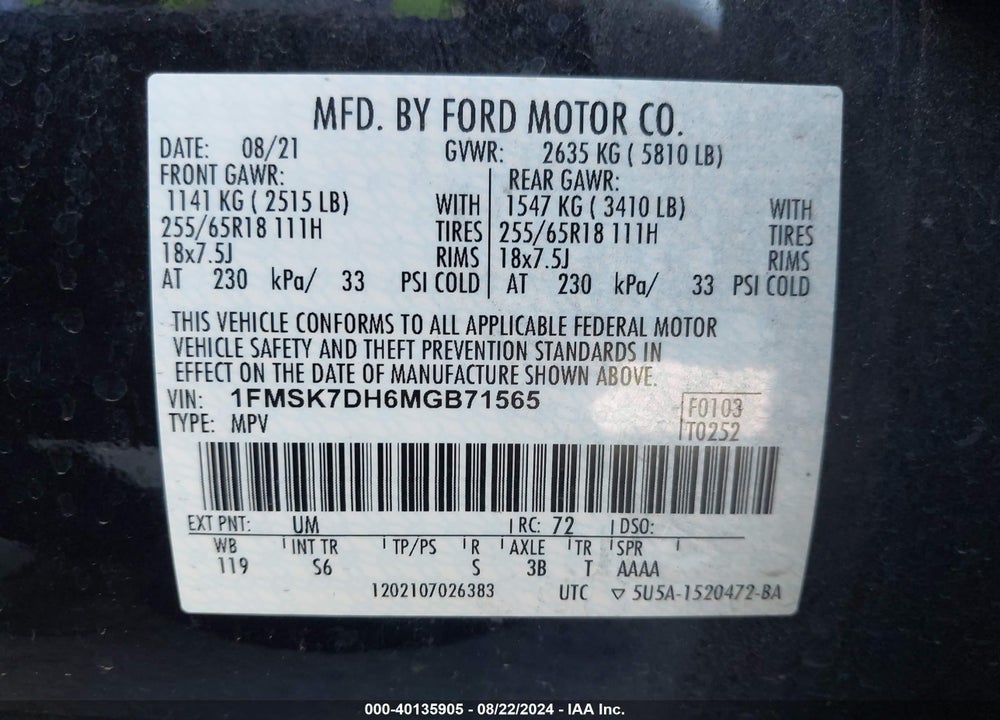 2021 FORD EXPLORER XLT VIN: 1FMSK7DH6MGB71565