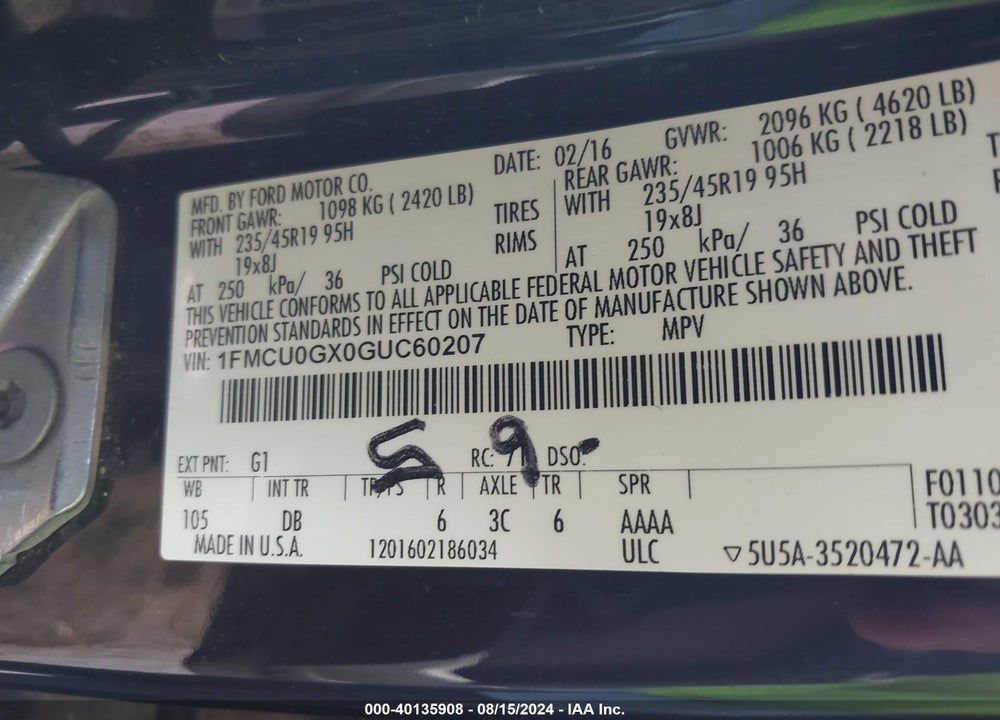 2016 FORD ESCAPE SE VIN: 1FMCU0GX0GUC60207