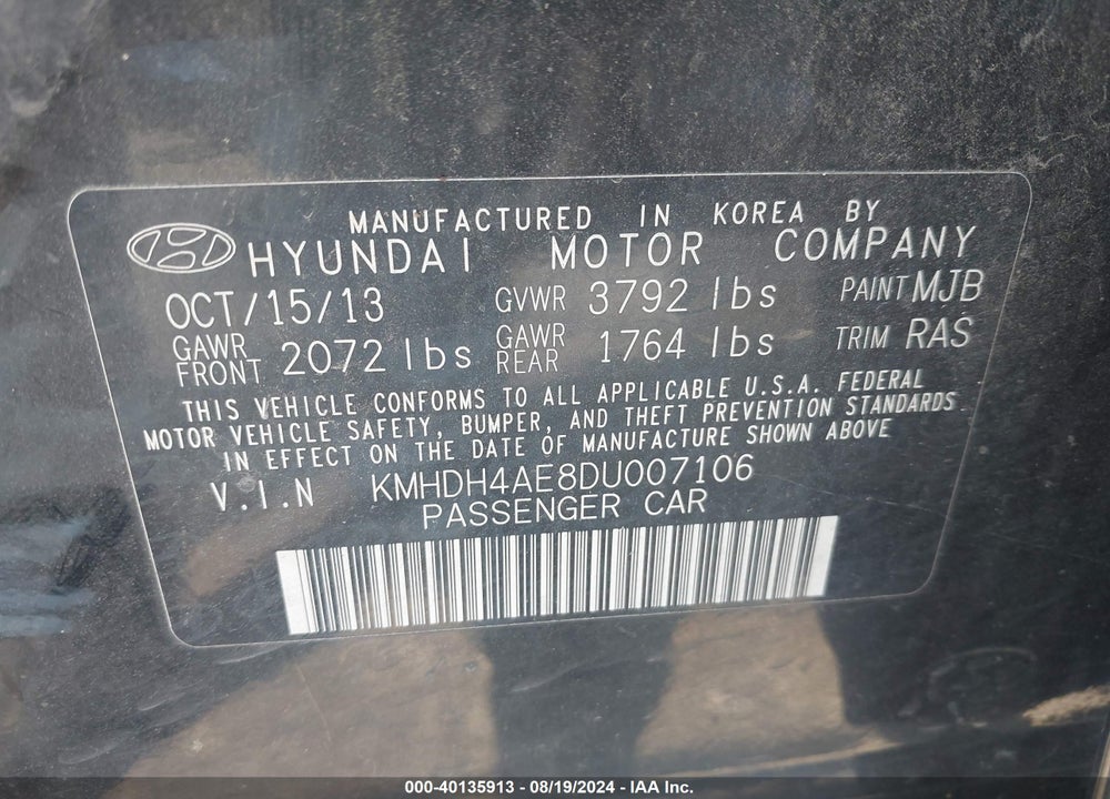 2013 HYUNDAI ELANTRA GLS VIN: KMHDH4AE8DU007106