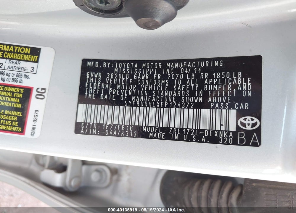 2014 TOYOTA COROLLA LE PLUS VIN: 5YFBURHEXEP124372
