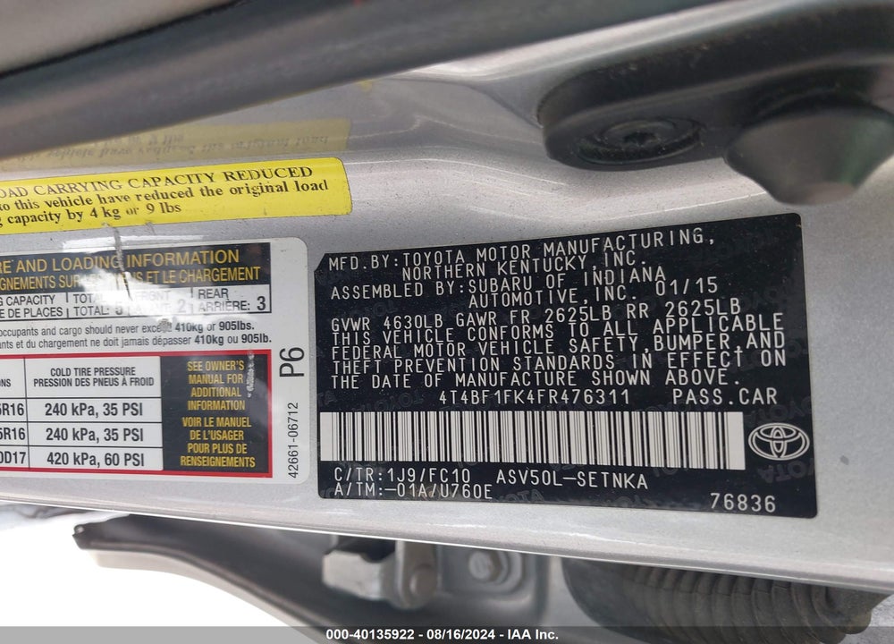 2015 TOYOTA CAMRY LE VIN: 4T4BF1FK4FR476311