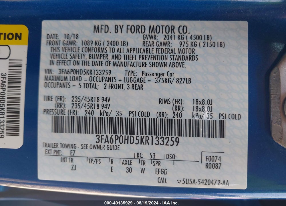 2019 FORD FUSION SE VIN: 3FA6P0HD5KR133259