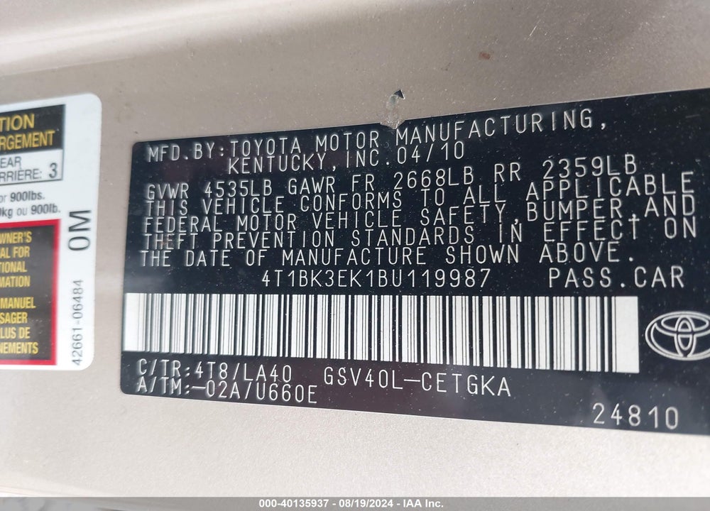 2011 TOYOTA CAMRY XLE V6 VIN: 4T1BK3EK1BU119987