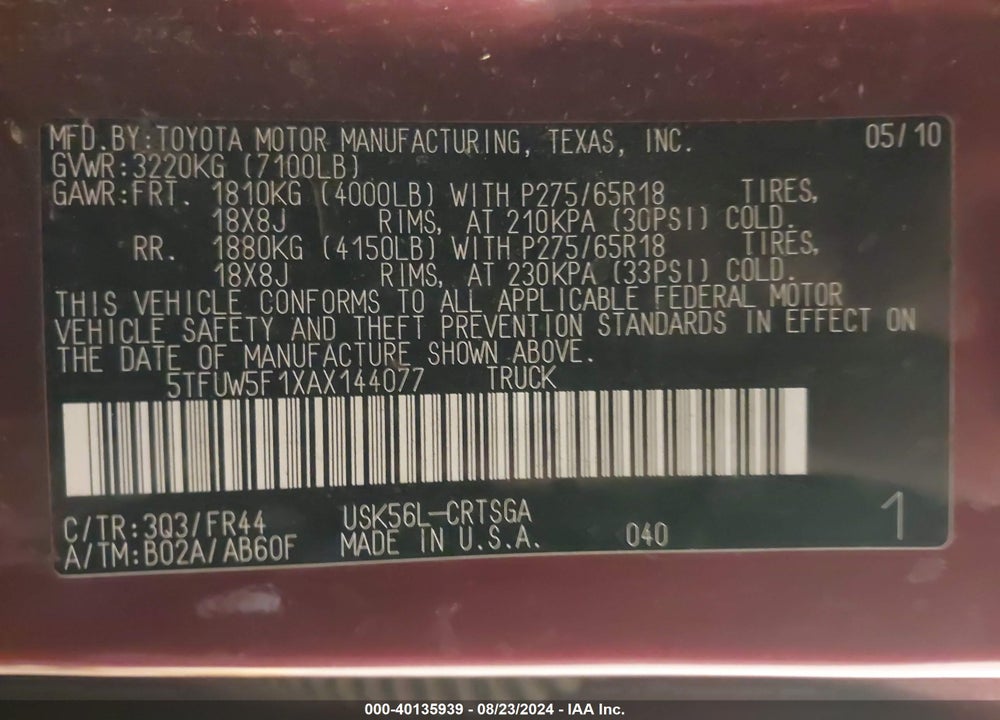 2010 TOYOTA TUNDRA GRADE 5.7L V8 VIN: 5TFUW5F1XAX144077