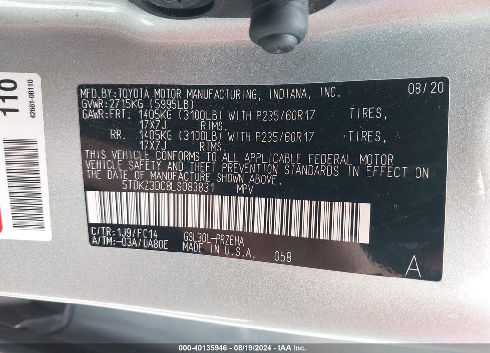 2020 TOYOTA SIENNA LE VIN: 5TDKZ3DC8LS083831
