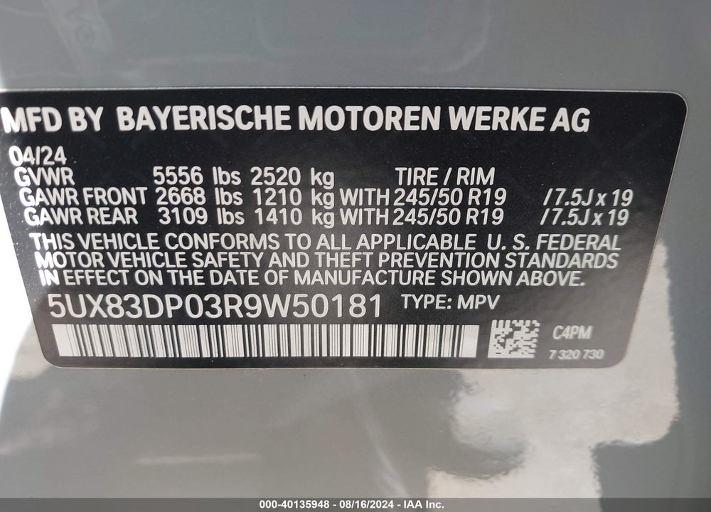 2024 BMW X3 M40I VIN: 5UX83DP03R9W50181