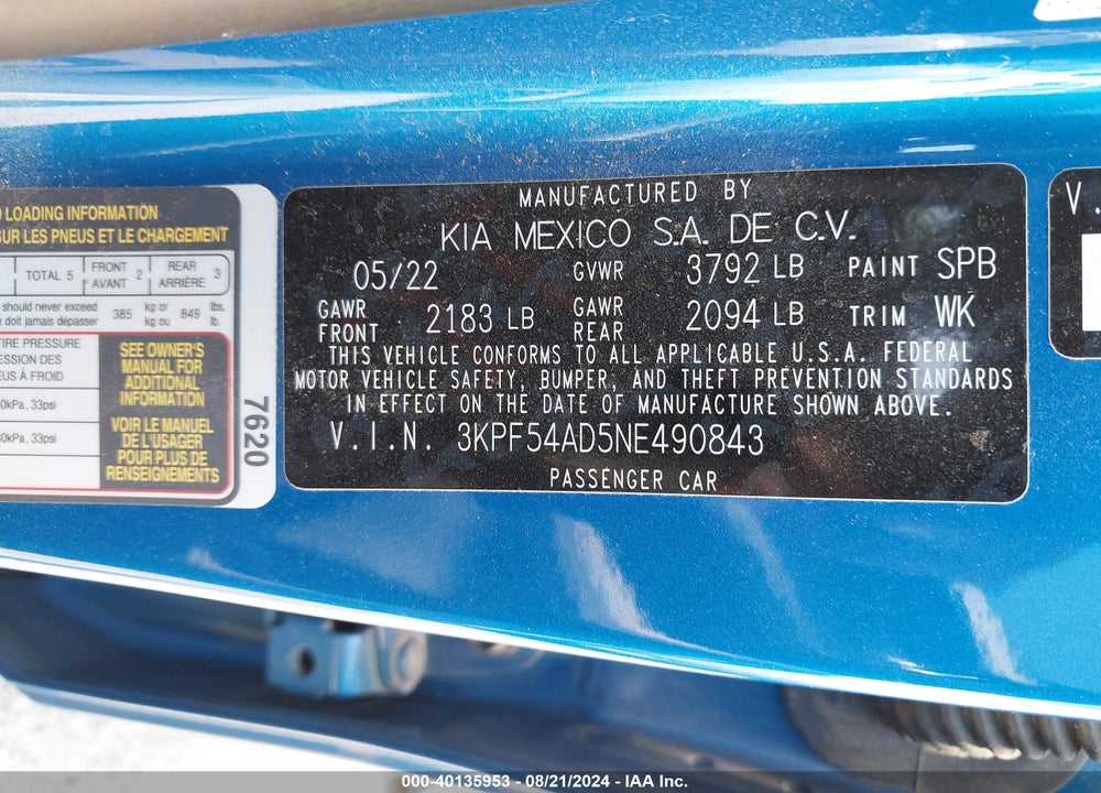 2022 KIA FORTE GT LINE VIN: 3KPF54AD5NE490843
