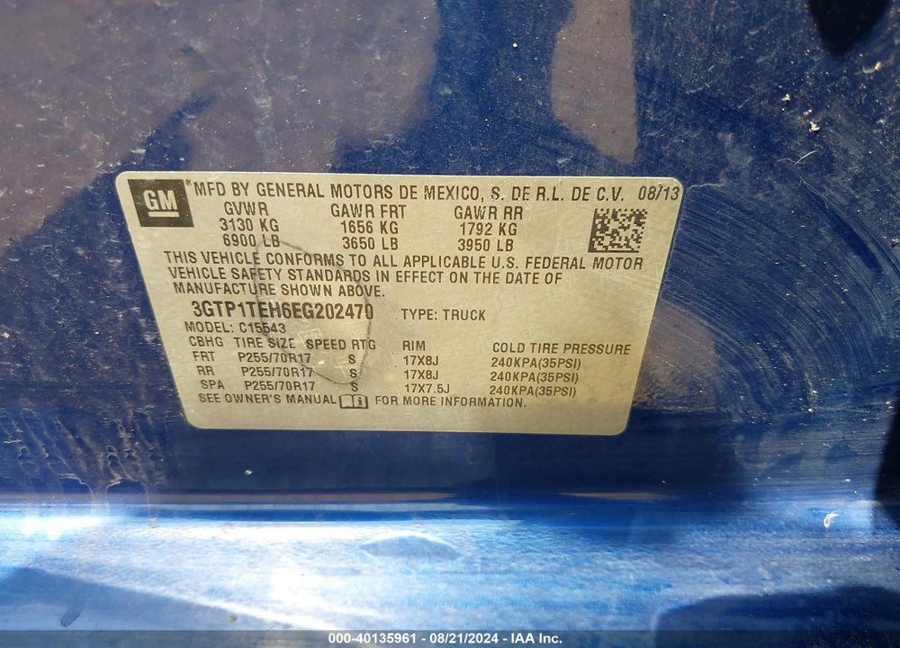2014 GMC SIERRA 1500 VIN: 3GTP1TEH6EG202470