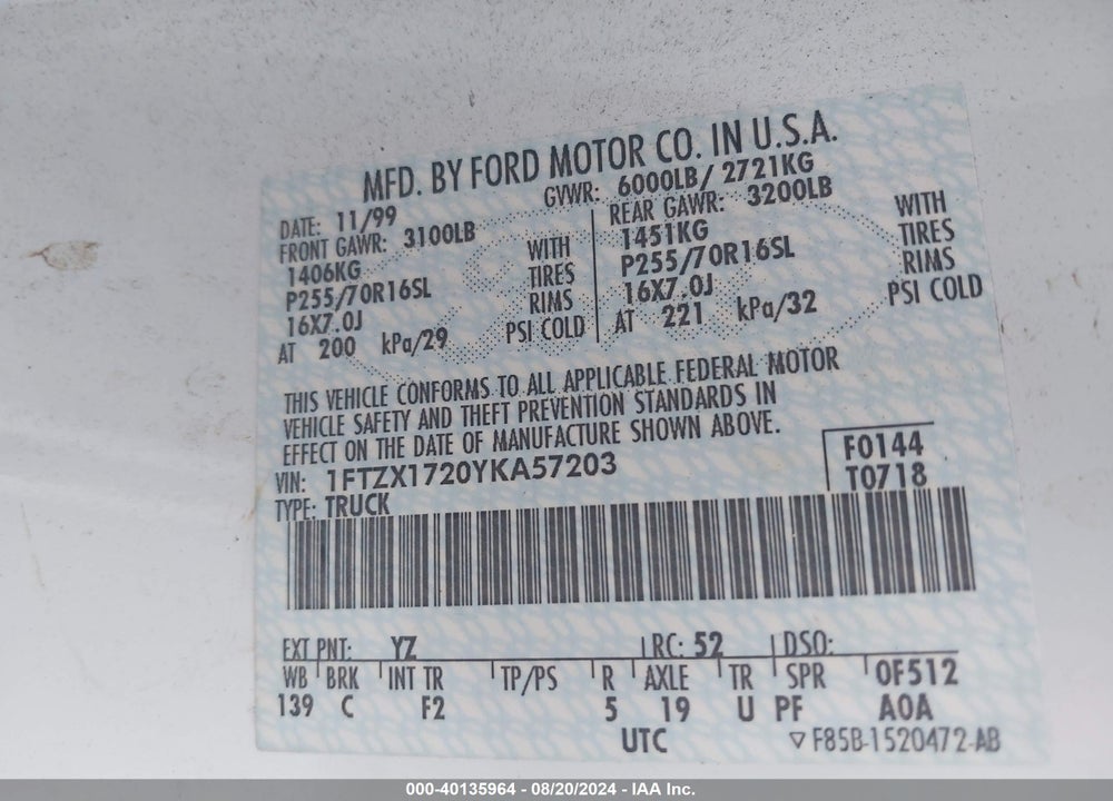 2000 FORD F-150 WORK SERIES/XL/XLT VIN: 1FTZX1720YKA57203