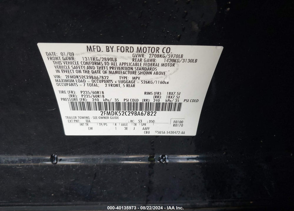 2009 FORD FLEX VIN: 2FMDK52C29BA67822