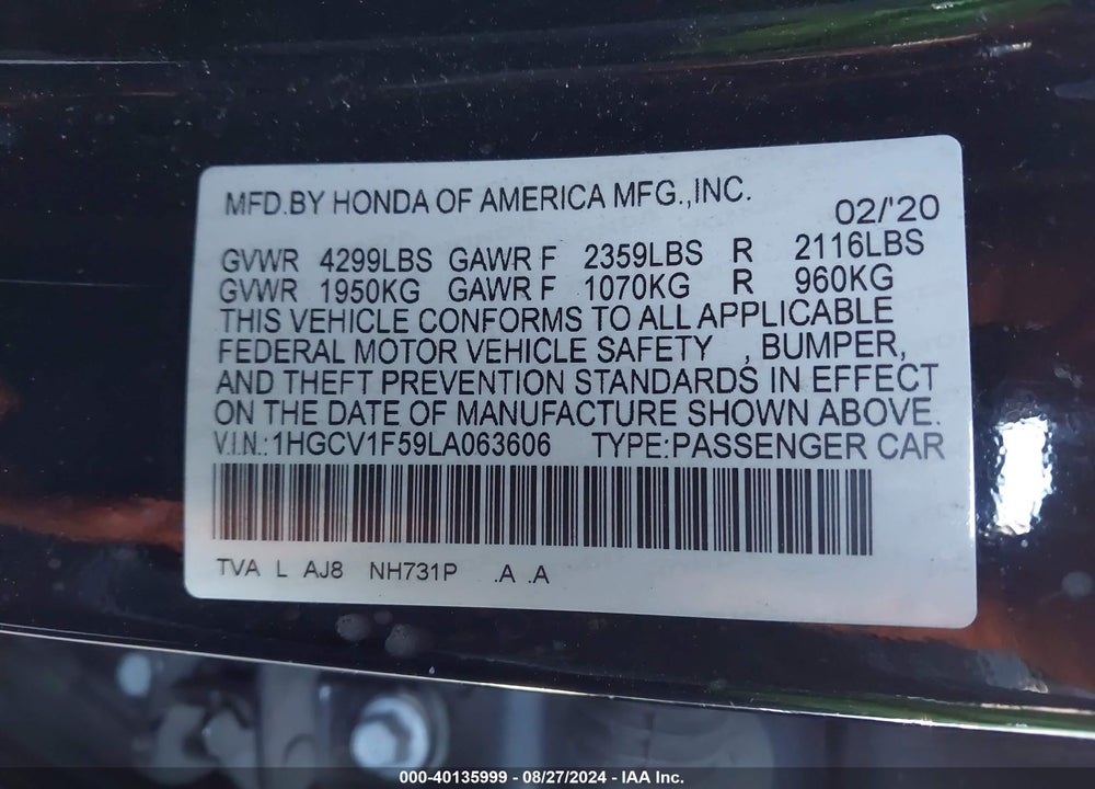 2020 HONDA ACCORD EX-L VIN: 1HGCV1F59LA063606