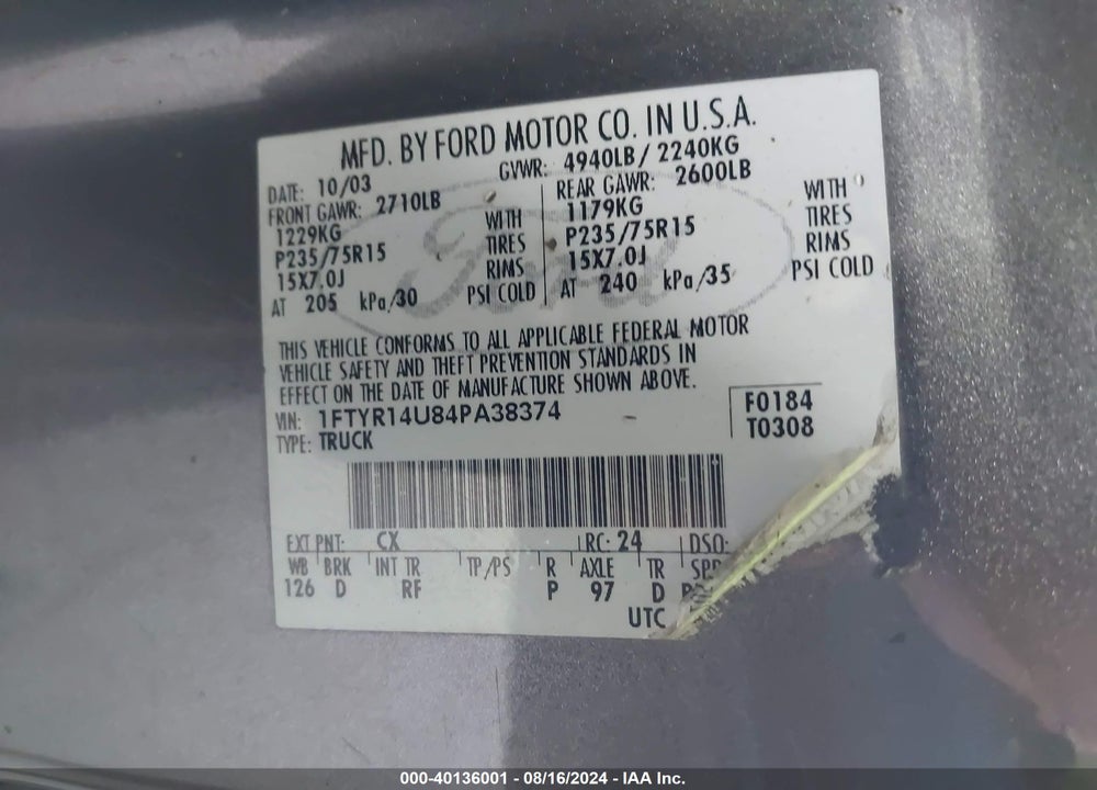 2004 RANGER FORD  EDGE/TREMOR/XL/XLT VIN: 1FTYR14U84PA38374