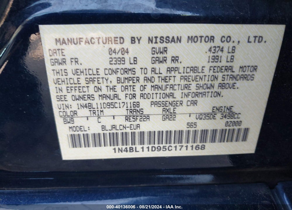 2005 NISSAN ALTIMA 3.5 SE VIN: 1N4BL11D95C171168