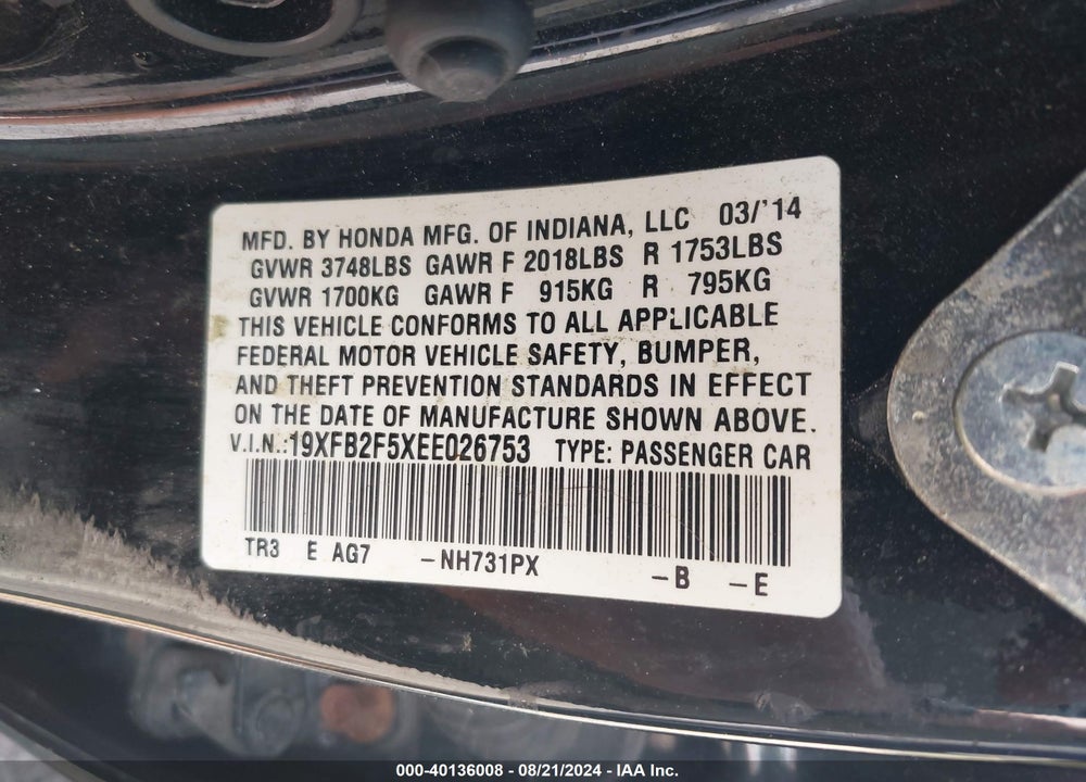 2014 HONDA CIVIC LX VIN: 19XFB2F5XEE026753