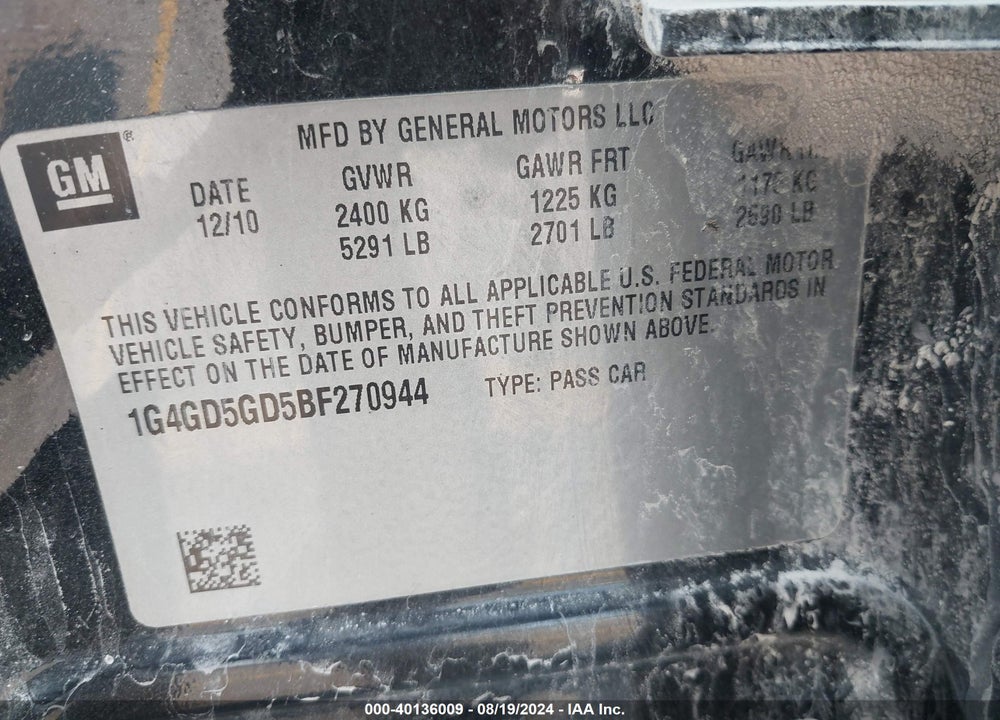 2011 BUICK LACROSSE CXL VIN: 1G4GD5GD5BF270944
