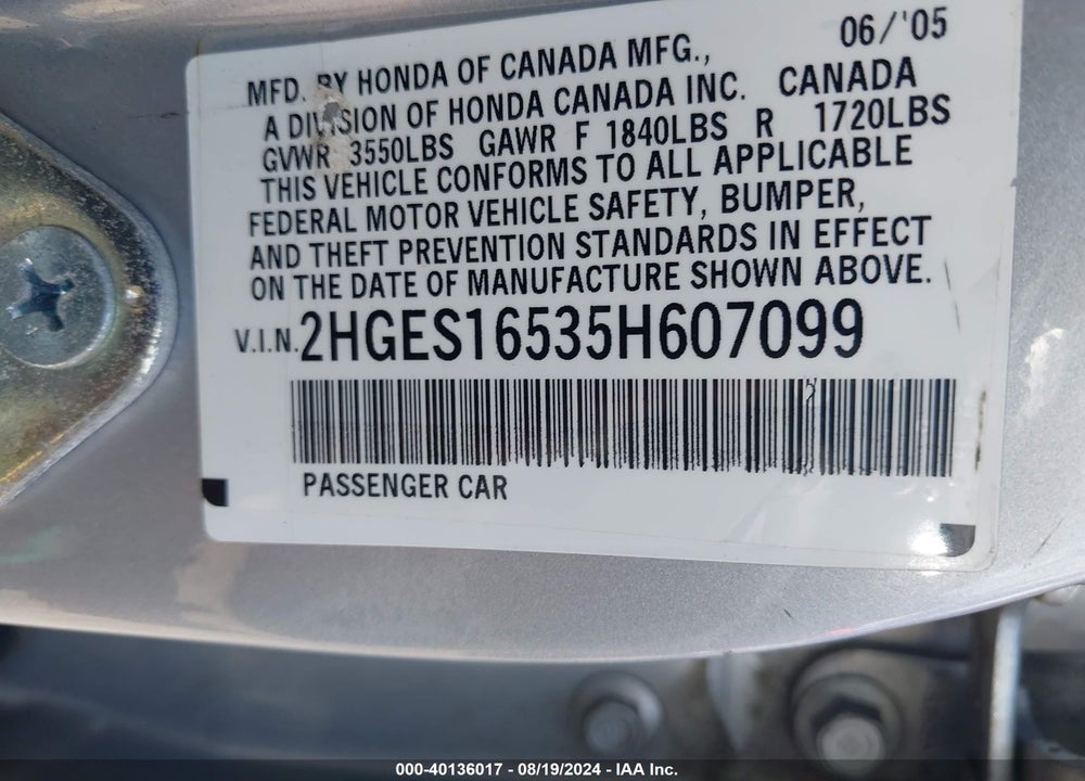 2005 HONDA CIVIC VIN: 2HGES16535H607099