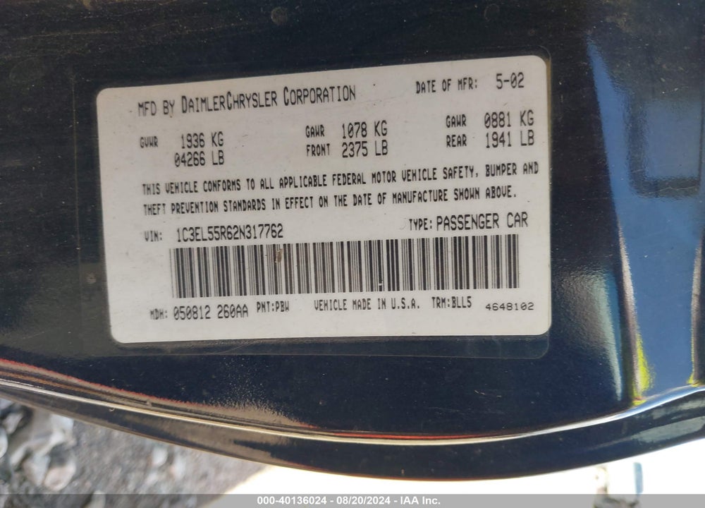 2002 CHRYSLER SEBRING LXI VIN: 1C3EL55R62N317762