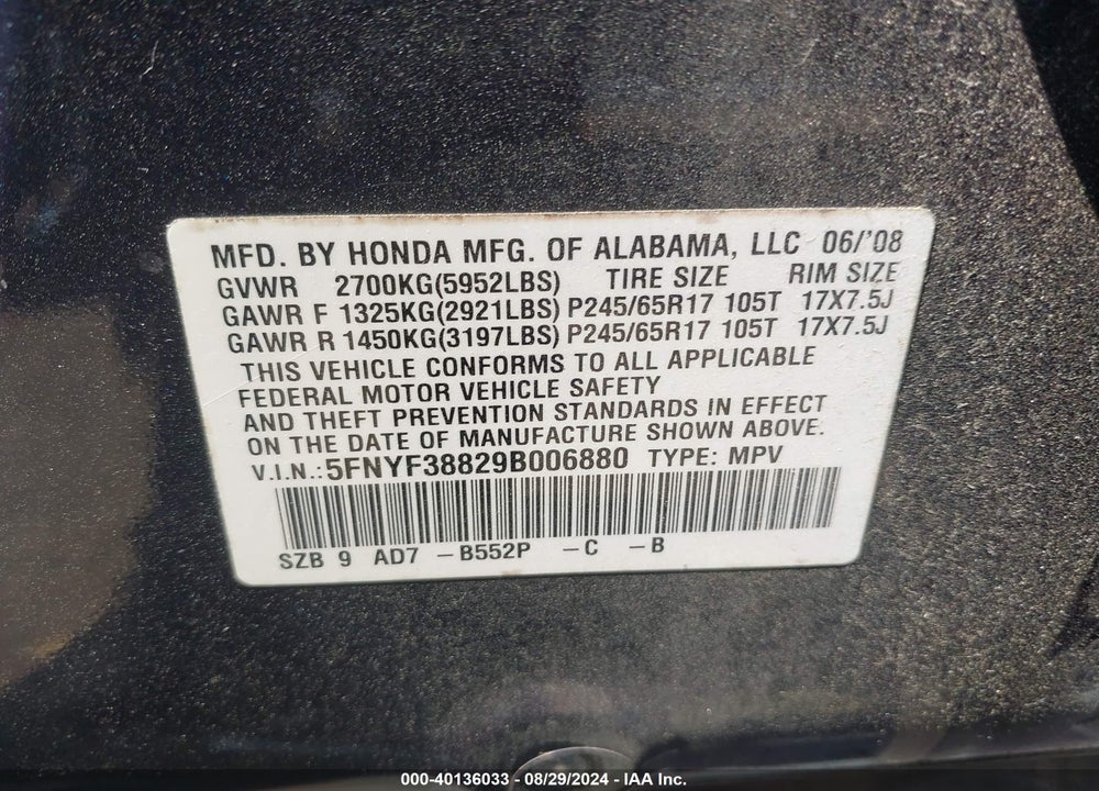 2009 HONDA PILOT TOURING VIN: 5FNYF38829B006880