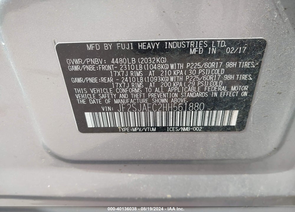 2017 SUBARU FORESTER 2.5I PREMIUM VIN: JF2SJAEC2HH561880