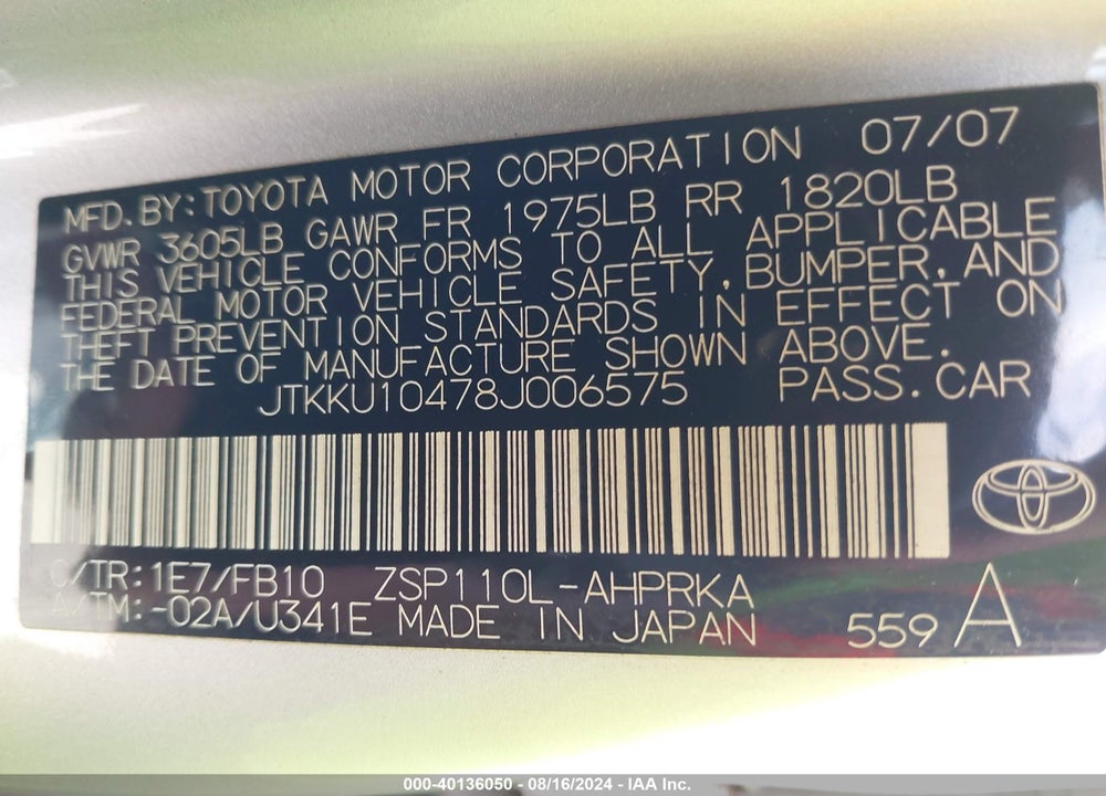 2008 SCION XD VIN: JTKKU10478J006575