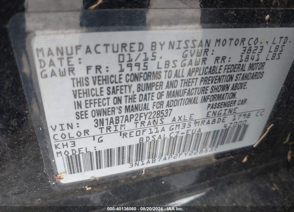 2015 NISSAN SENTRA S VIN: 3N1AB7AP2FY228537