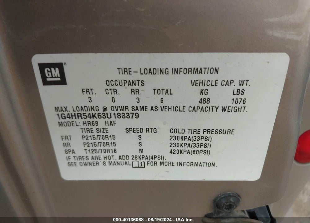 2003 BUICK LESABRE LIMITED VIN: 1G4HR54K63U183379