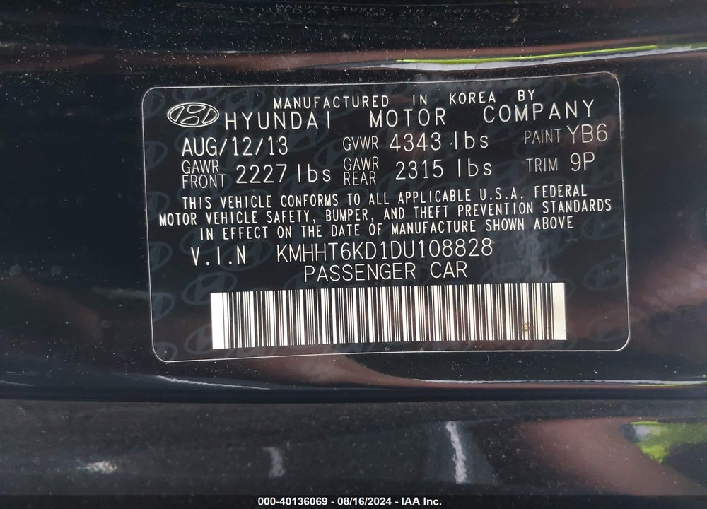 2013 HYUNDAI GENESIS 2.0T VIN: KMHHT6KD1DU108828