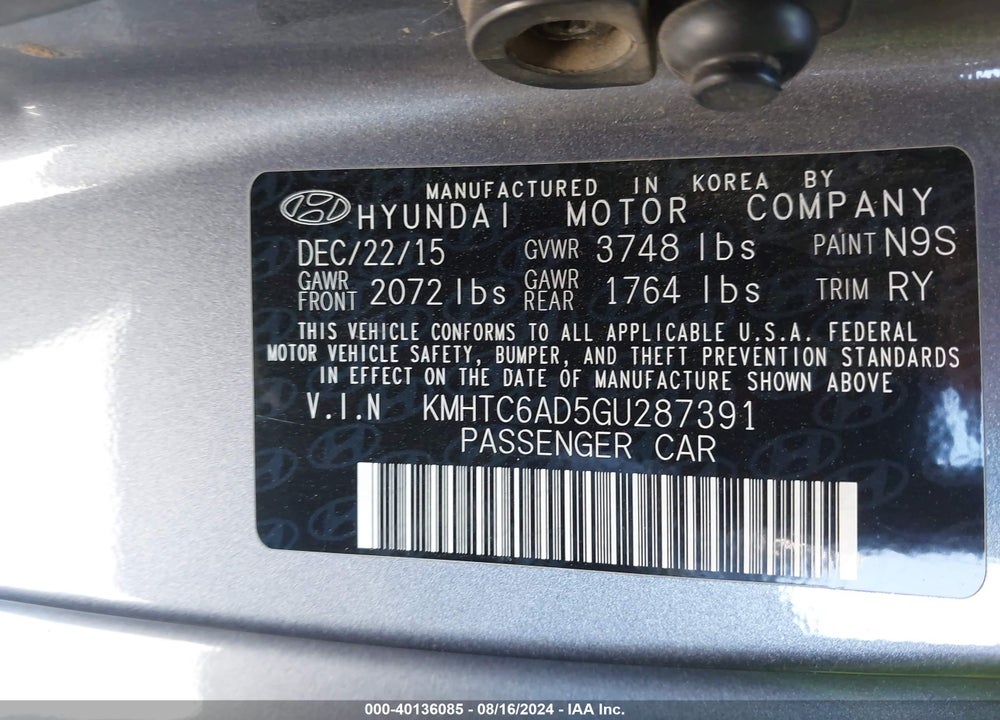 2016 HYUNDAI VELOSTER VIN: KMHTC6AD5GU287391