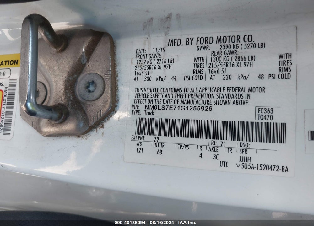 2016 FORD TRANSIT CONNECT XL VIN: NM0LS7E71G1255926