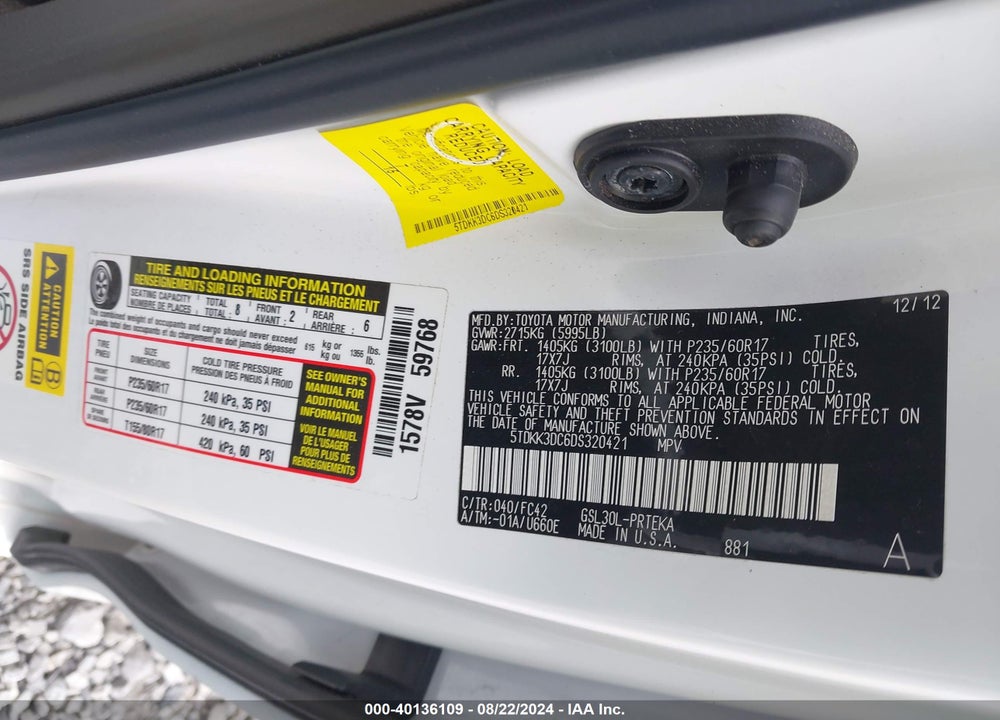 2013 TOYOTA SIENNA LE V6 8 PASSENGER VIN: 5TDKK3DC6DS320421
